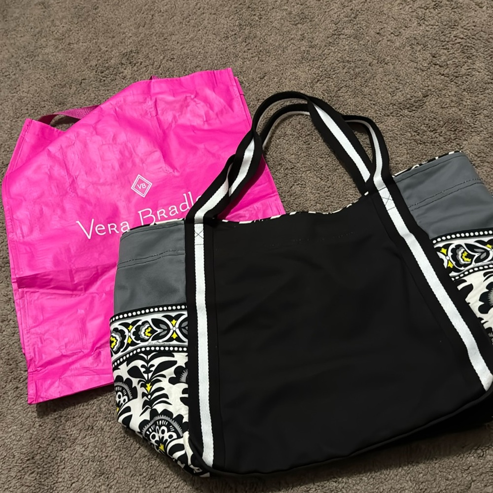 Large Vera Bradley Tote Bag-Black/White/Gray-Open Top-Reusable Bag Included-GUC - Picture 3 of 16